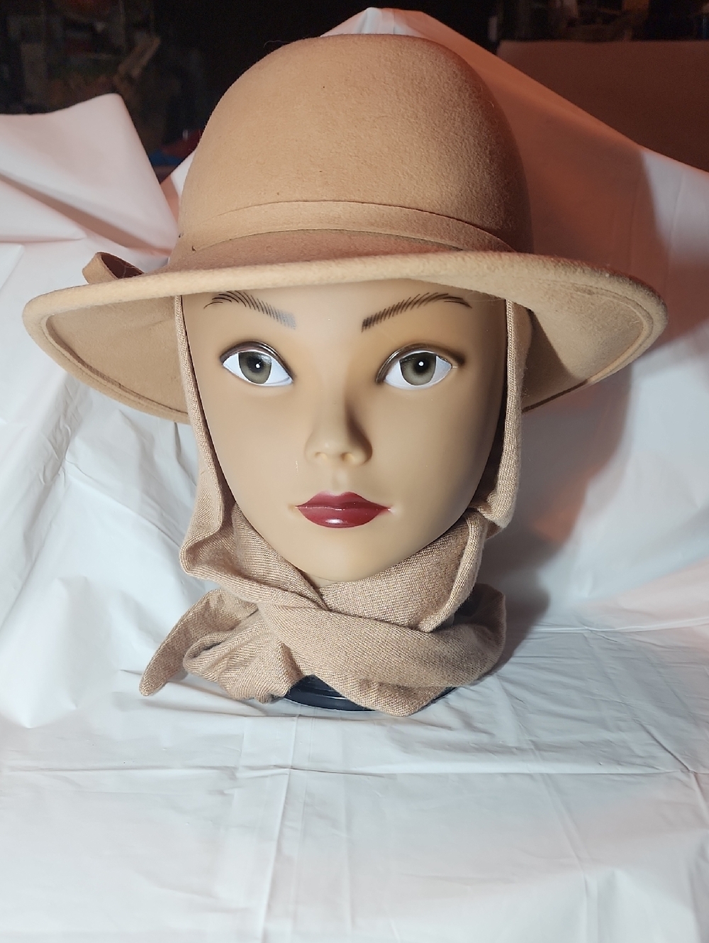 Womens Tan Wool Felt Wide-Brim Hat with Attached Scarf